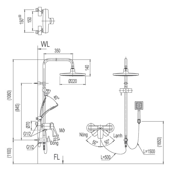 bản vẽ kỹ thuật vòi chậu và sen tắm BFV-50S-5C