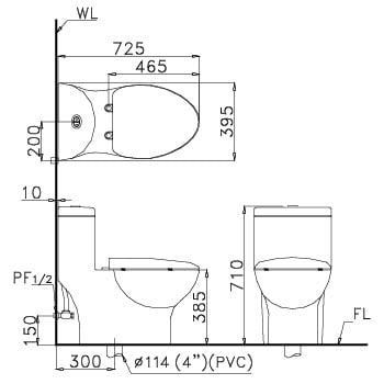 Bản vẽ kỹ thuật Bồn cầu 1 khối Caesar CD1375