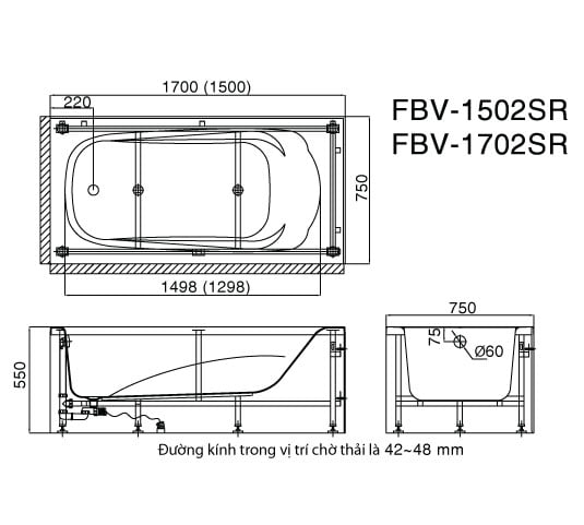 Bản vẽ kỹ thuật Bồn tắm inax Yếm Inax FBV-1502SR