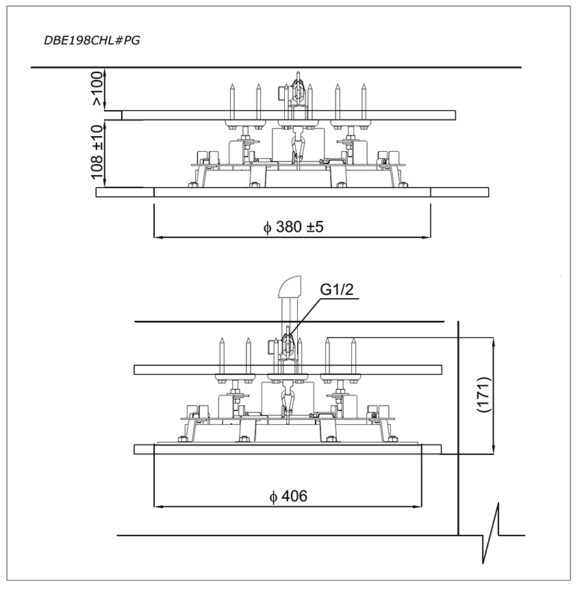 Bát sen TOTO đèn LED DBE198CHL#PG bản vẽ kỹ thuật