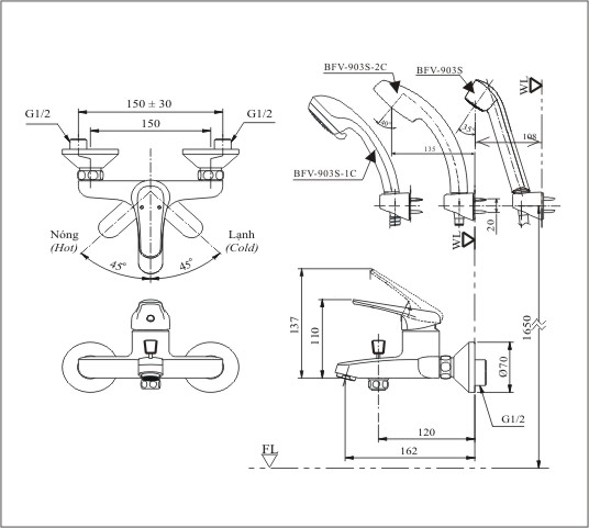 Thông số kỹ thuật Vòi rửa và Sen tắm Inax BFV-903S-2C