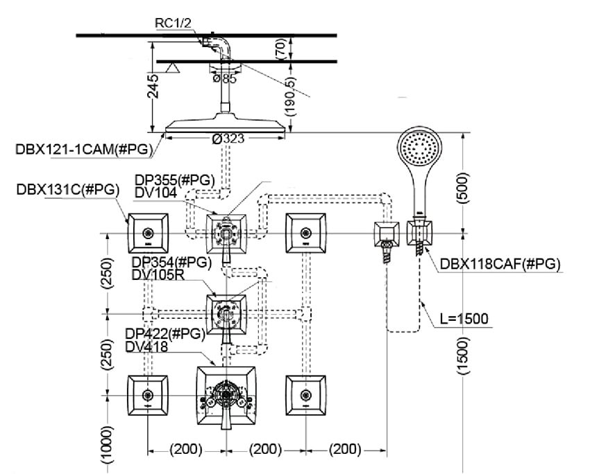 Bộ sen âm tường CLASSIC DBX121-1CAM/DP355/DV104 bản vẽ kỹ thuật