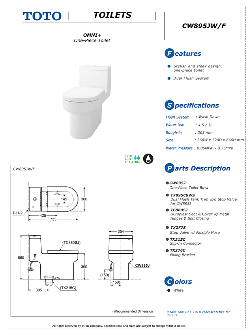 Bàn cầu TOTO một khối CW895JW/F bản vẽ kỹ thuật