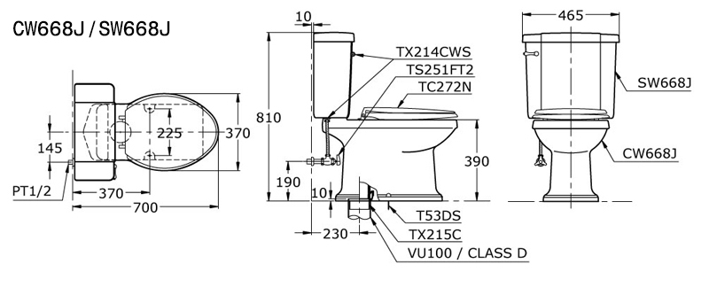 Bồn cầu TOTO 2 khối CW668J/SW668J bản vẽ kỹ thuật