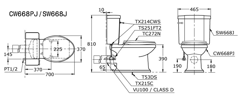 Bàn cầu TOTO 2 khối CW668PJ/SW668J bản vẽ kỹ thuật