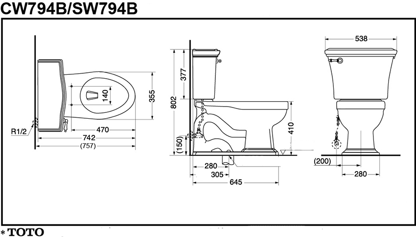 Bồn cầu TOTO 2 khối CW794B/SW794B bản vẽ kỹ thuật Bồn cầu TOTO 2 khối CW794B/SW794B bản vẽ kỹ thuật