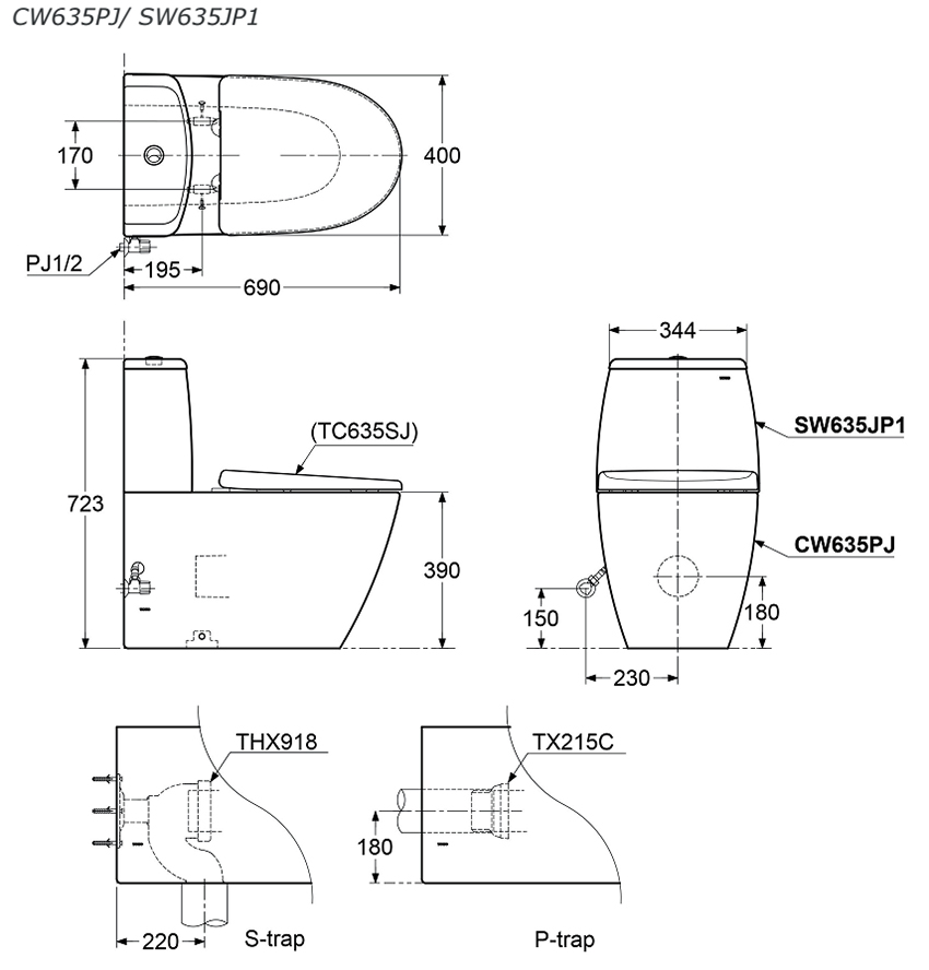 Bàn cầu TOTO hai khối CW635PJ/SW635JP1/TC635SJ/THX919 bản vẽ kỹ thuật