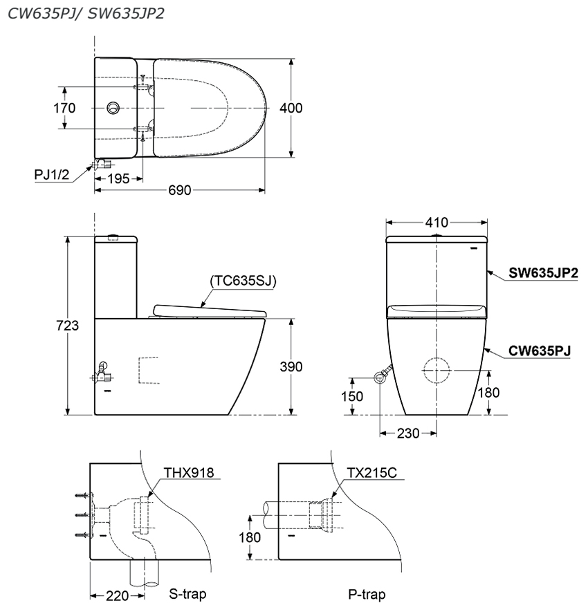 Bàn cầu TOTO hai khối CW635PJ/SW635JP1/TC635SJ/TX215C bản vẽ kỹ thuật