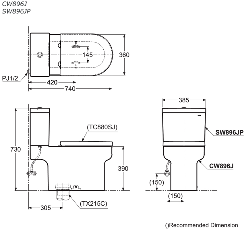 Bàn cầu TOTO hai khối CW896J/SW896JP/TC880SJ bản vẽ kỹ thuật