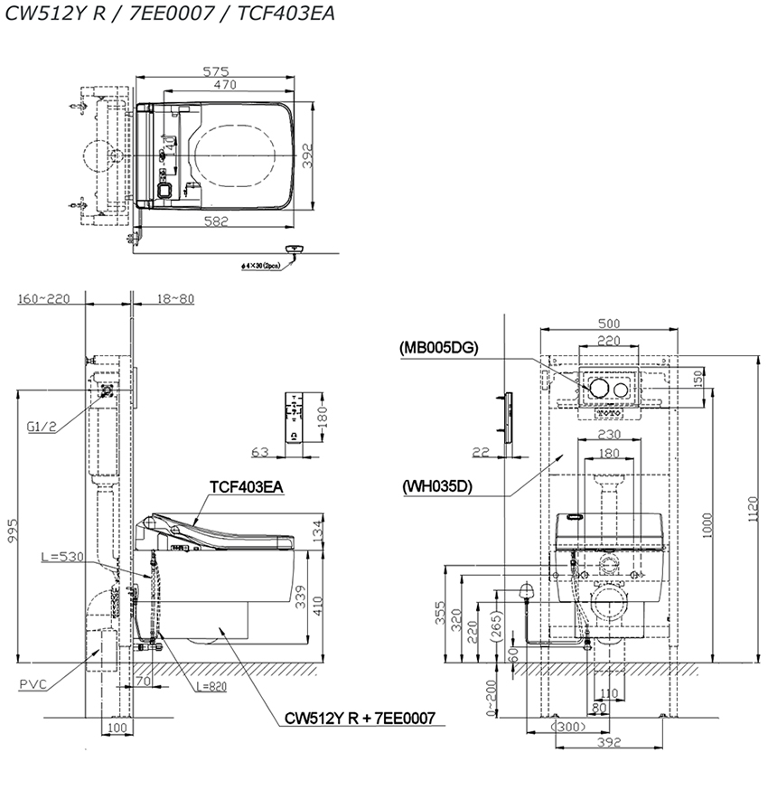 Bàn cầu TOTO treo tường CW512YR/7EE0007/TCF403EA bản vẽ kỹ thuật