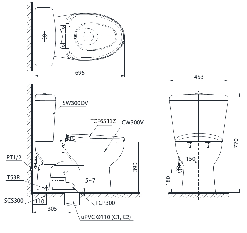 Bàn cầu TOTO nắp rửa WASHLET CS300DRW6 bản vẽ kỹ thuật