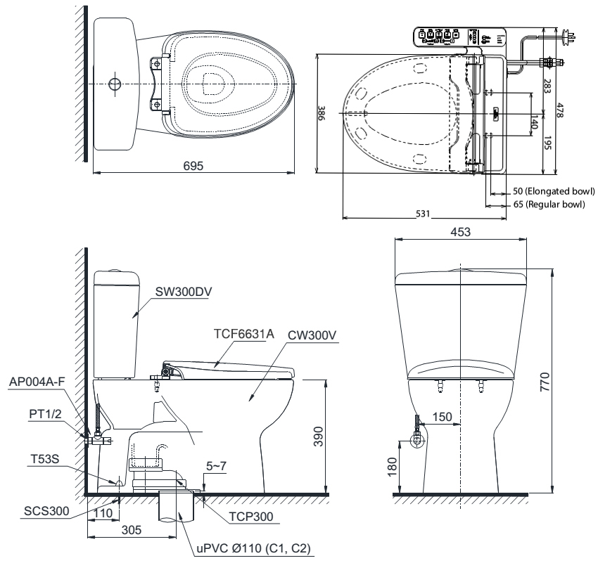 Bàn cầu TOTO nắp rửa WASHLET CS300DRW7 bản vẽ kỹ thuật