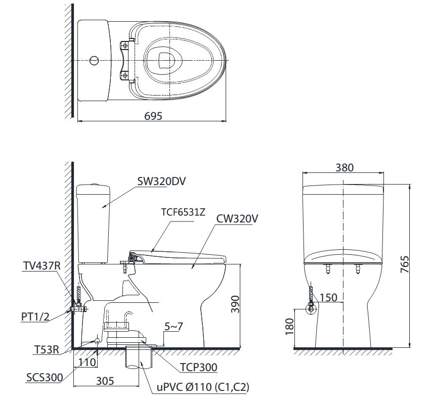 Bàn cầu TOTO nắp rửa WASHLET CS320DRW6 bản vẽ kỹ thuật