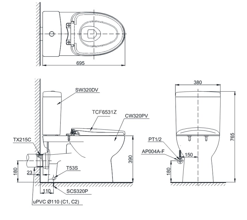 Bàn cầu TOTO nắp rửa WASHLET CS320PDRW6 bản vẽ kỹ thuật