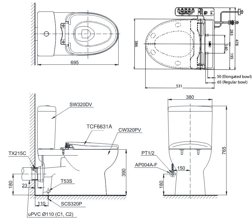 Bàn cầu TOTO nắp rửa WASHLET CS320PDRW7 bản vẽ kỹ thuật