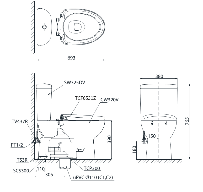 Bàn cầu TOTO nắp rửa WASHLET CS325DRW6 bản vẽ kỹ thuật