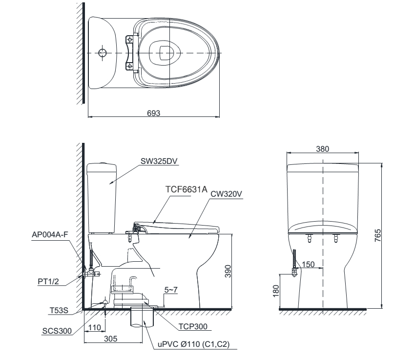 Bàn cầu TOTO nắp rửa WASHLET CS325DRW7 bản vẽ kỹ thuật