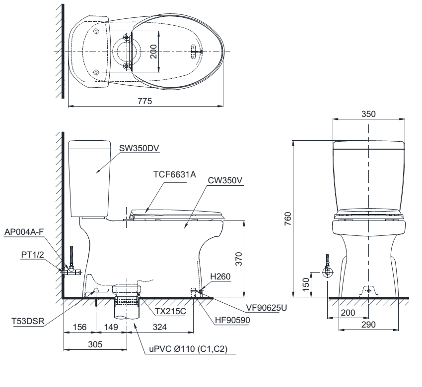 Bàn cầu TOTO nắp rửa WASHLET CS350DW7 bản vẽ kỹ thuật