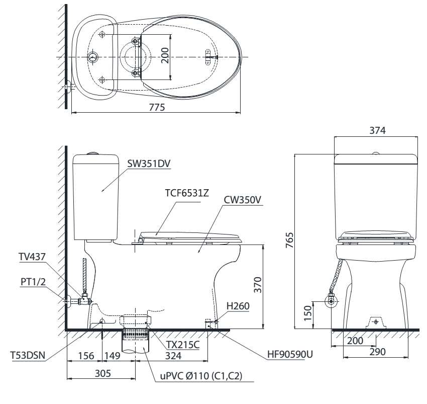 Bàn cầu TOTO nắp rửa WASHLET CS351DW6 bản vẽ kỹ thuật