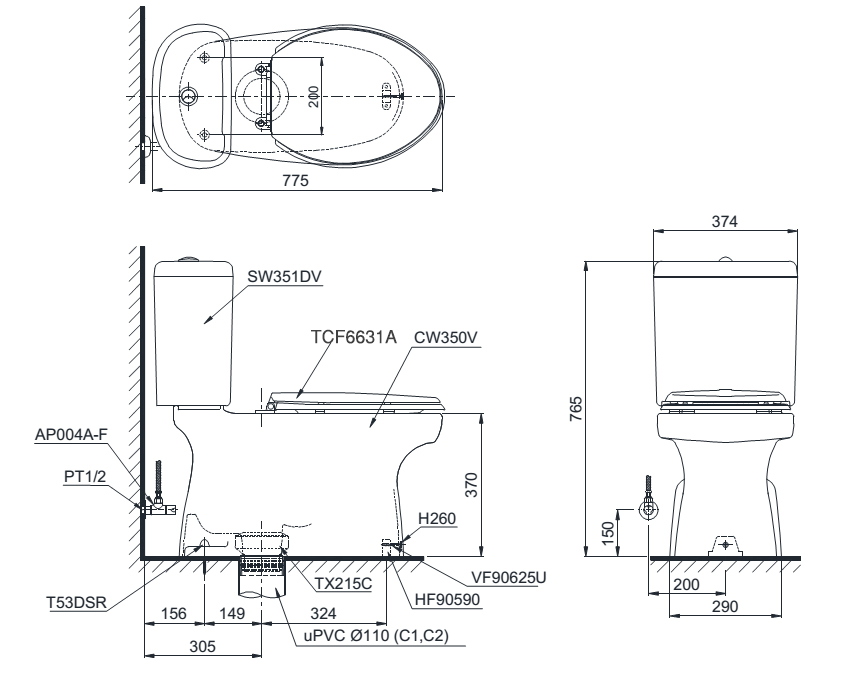 Bàn cầu TOTO nắp rửa WASHLET CS351DW7 bản vẽ kỹ thuật