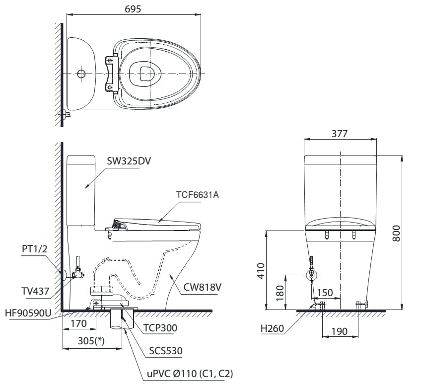 Bàn cầu TOTO nắp rửa WASHLET CS818DW7 bản vẽ kỹ thuật