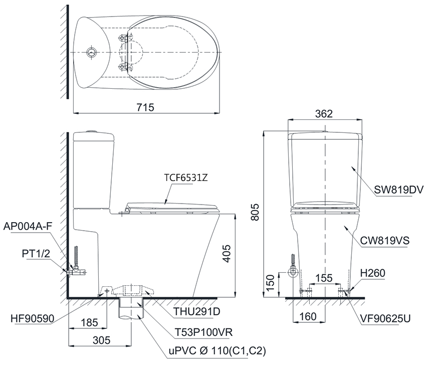 Bàn cầu TOTO nắp rửa WASHLET CS819DSW6 bản vẽ kỹ thuật Bàn cầu TOTO nắp rửa WASHLET CS819DSW6 bản vẽ kỹ thuật