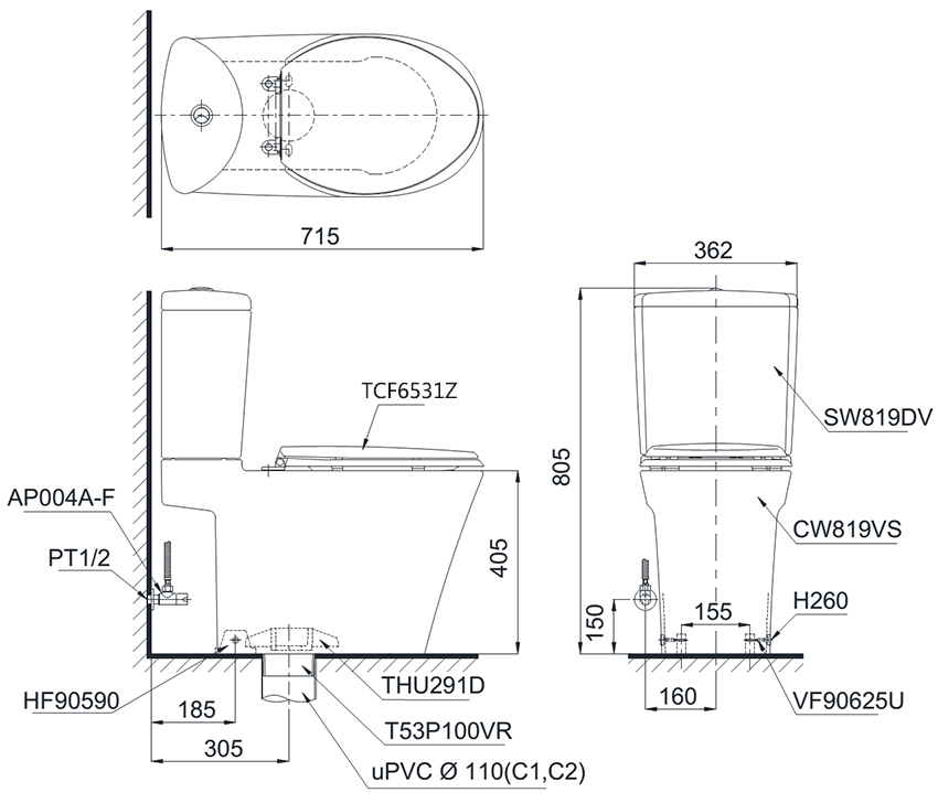 Bàn cầu TOTO nắp rửa WASHLET CS819DSW6 bản vẽ kỹ thuật