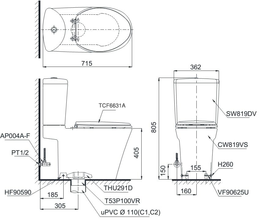 Bàn cầu TOTO nắp rửa WASHLET CS819DSW7 bản vẽ kỹ thuật