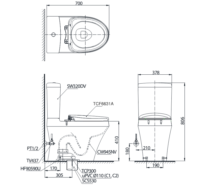 Bàn cầu TOTO nắp rửa WASHLET CS945DNW7 bản vẽ kỹ thuật