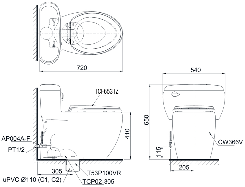 Bàn cầu TOTO nắp rửa WASHLET MS366W6 bản vẽ kỹ thuật