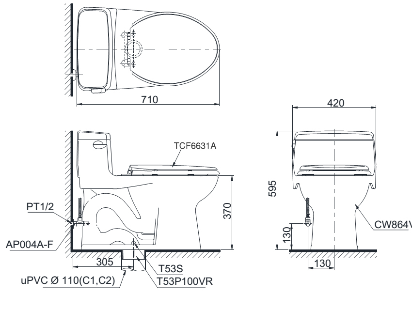 Bàn cầu TOTO nắp rửa WASHLET MS864W7 bản vẽ kỹ thuật