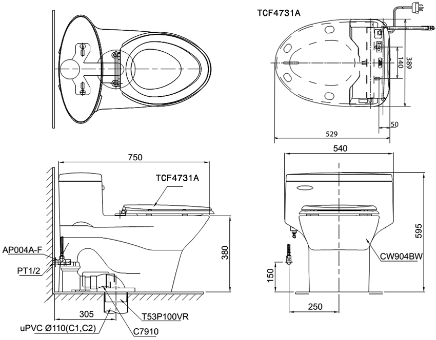 Bàn cầu TOTO nắp rửa WASHLET MS904W4 bản vẽ kỹ thuật