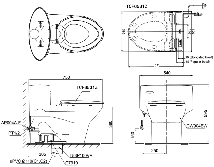 Bàn cầu TOTO nắp rửa WASHLET MS904W6 bản vẽ kỹ thuật