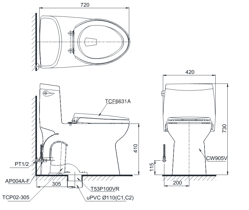 Bàn cầu TOTO nắp rửa WASHLET MS905W7 bản vẽ kỹ thuật