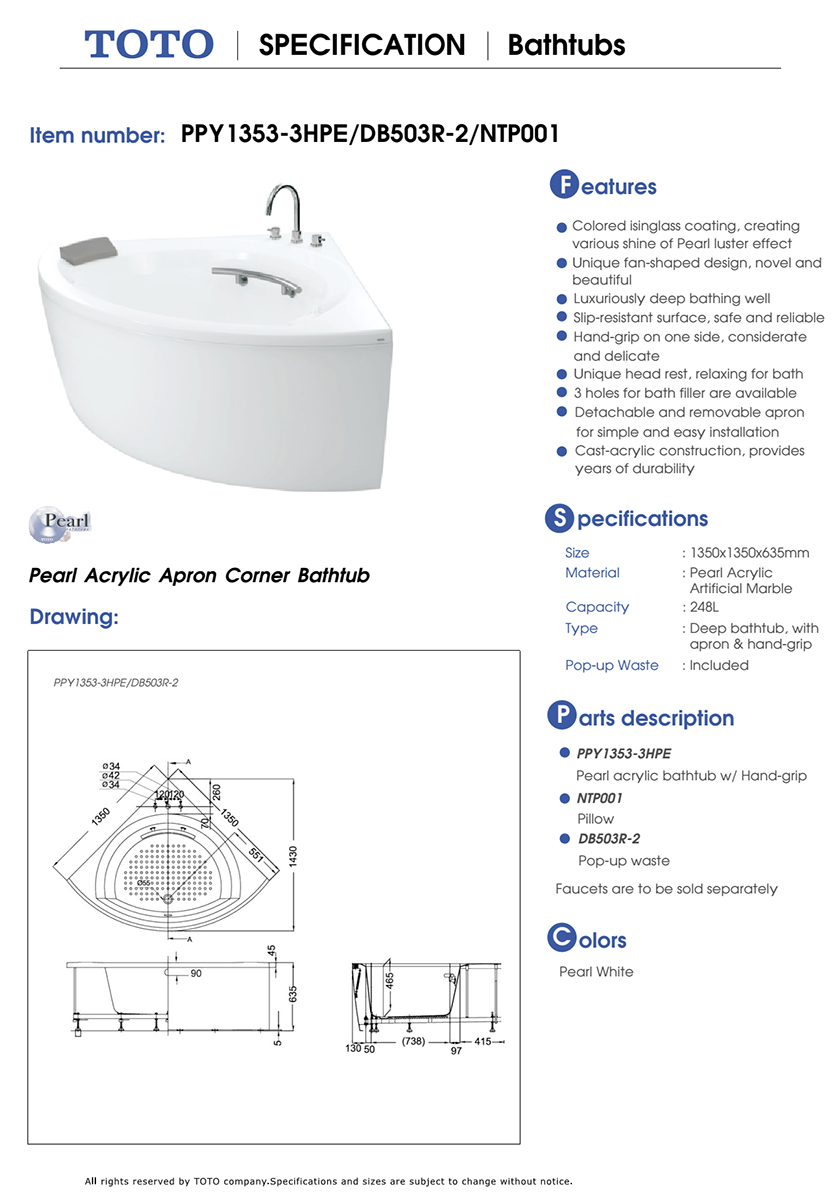 Bồn tắm ngọc trai TOTO PPY1353-3HPE/DB503R-2/NTP001E bản vẽ kỹ thuật
