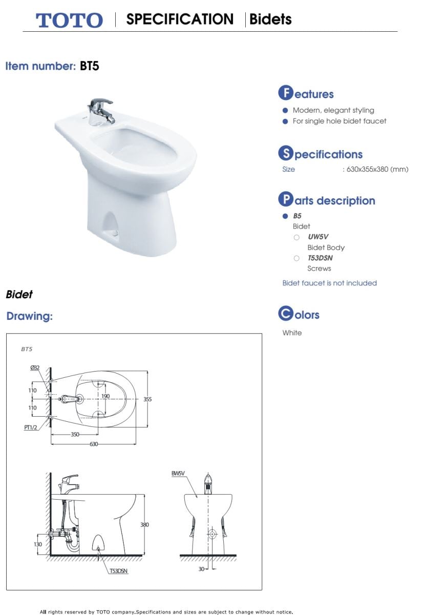 Tiểu nữ TOTO BT5 bản vẽ kỹ thuật