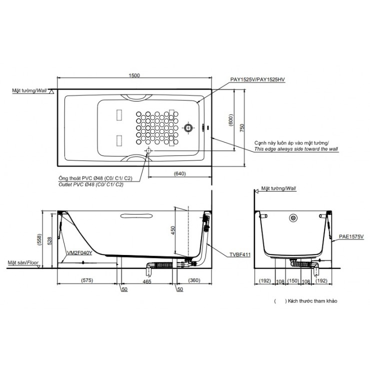 Bản vẽ kỹ thuật bồn tắm TOTO PAY1725HVC/TVBF411