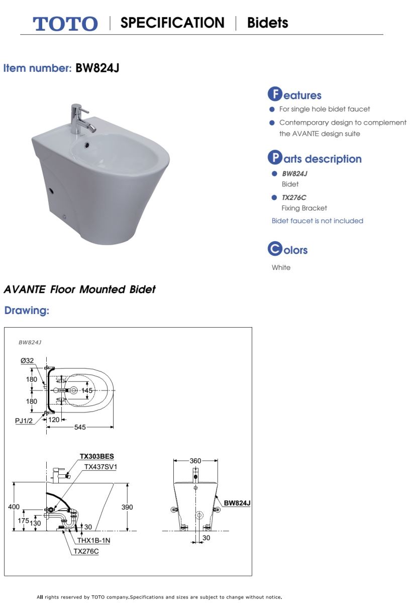  Tiểu nữ TOTO BW824J bản vẽ kỹ thuật