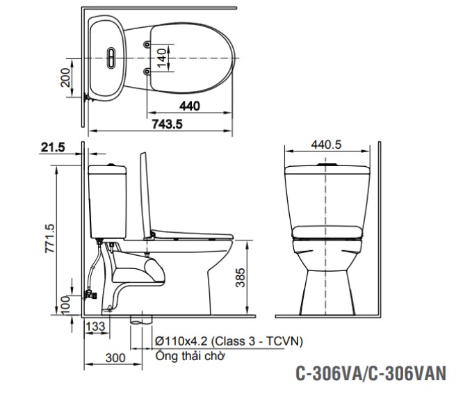 Bản vẽ kỹ thuật bồn cầu Inax C-306VAN