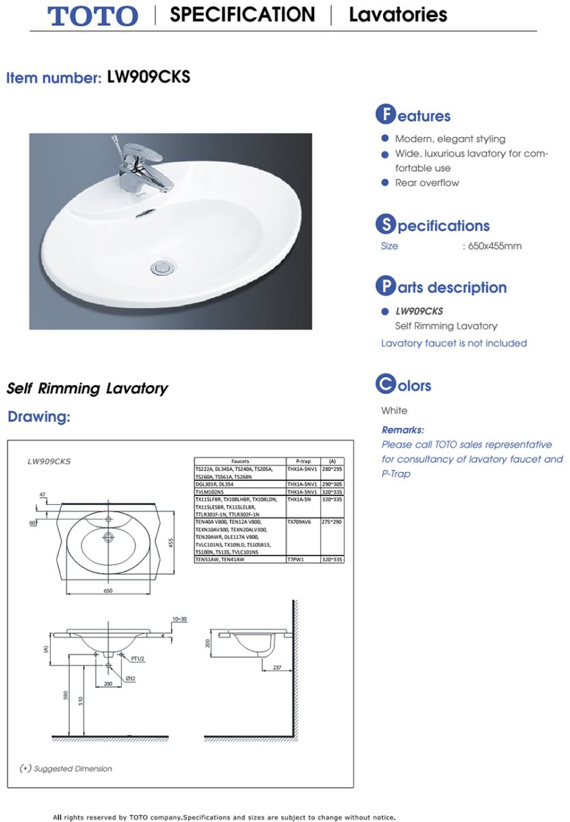 Chậu đặt âm bàn TOTO LW909CKS BẢN VẼ KỸ THUẬT