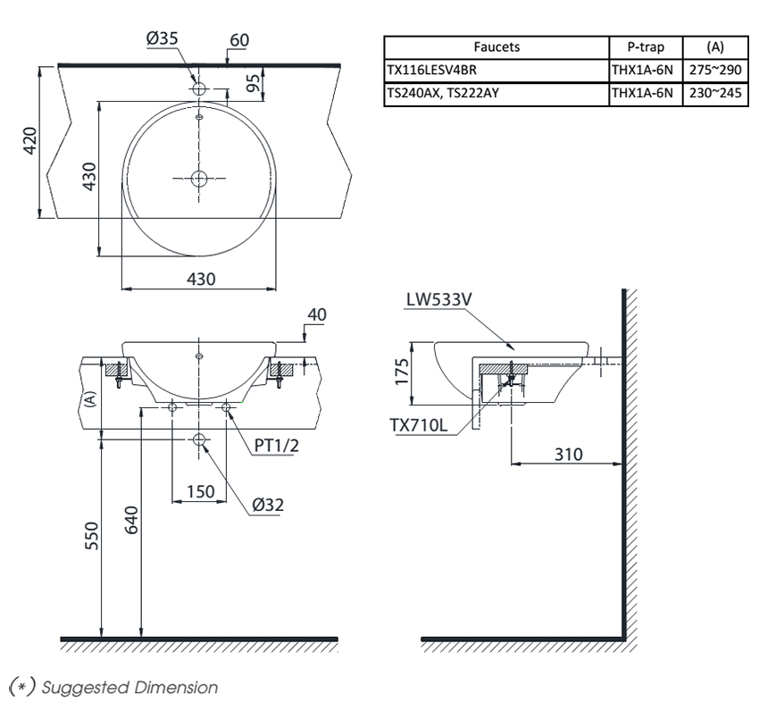 Chậu bán âm bàn TOTO LT533R bản vẽ kỹ thuật