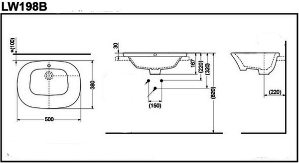 Chậu rửa bán âm bàn TOTO LW198B BẢN VẼ KỸ THUẬT