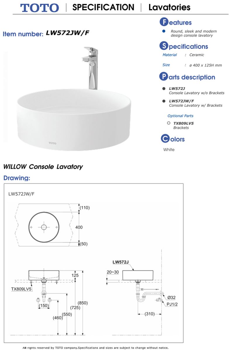Chậu rửa đặt bàn TOTO LW572JW/F bản vẽ kỹ thuật Chậu rửa đặt bàn TOTO LW572JW/F bản vẽ kỹ thuật