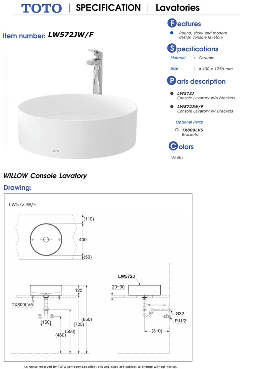 Chậu rửa đặt bàn TOTO LW572JW/F bản vẽ kỹ thuật