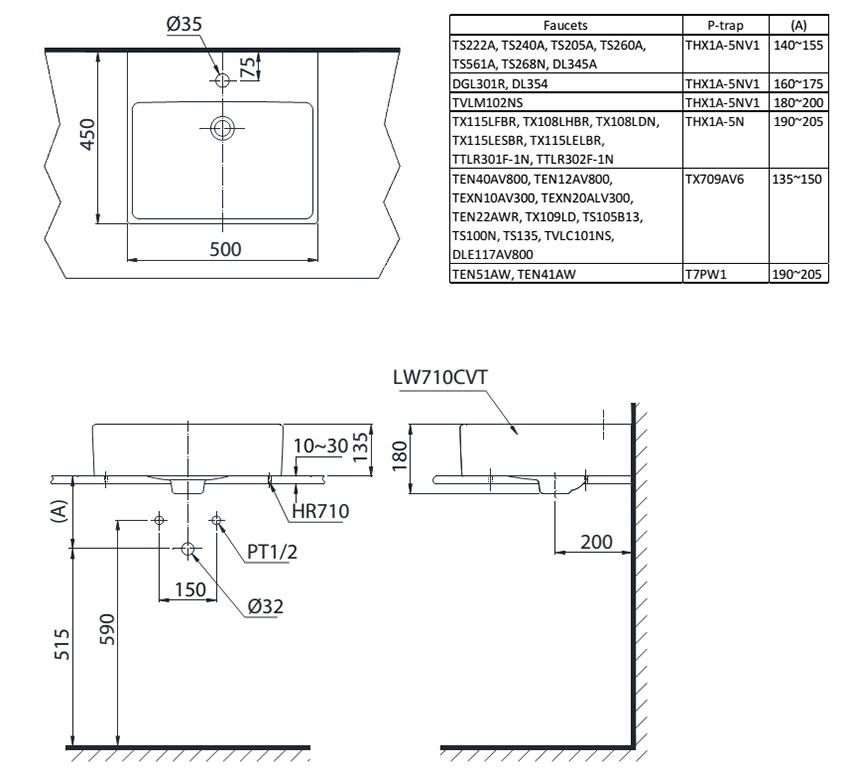 Chậu rửa đặt bàn TOTO LT710CTM bản vẽ kỹ thuật