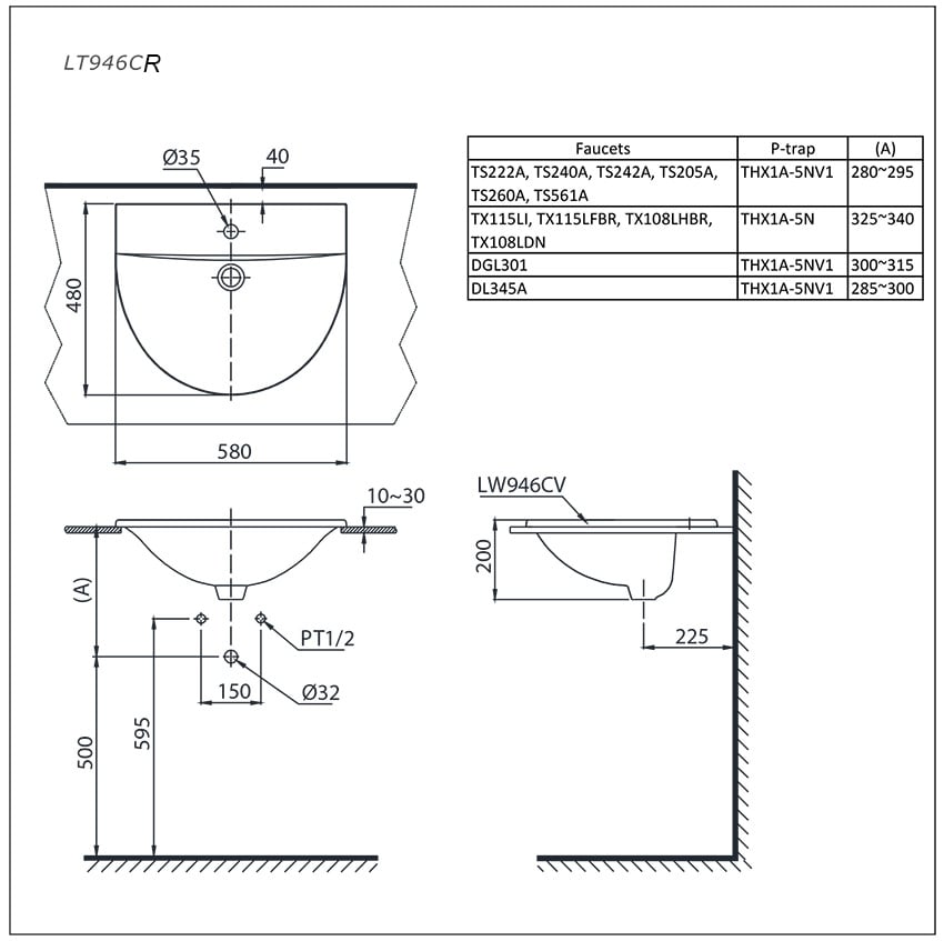 Chậu đặt dương vành TOTO L946CR (LT946C) bản vẽ khỹ thuật