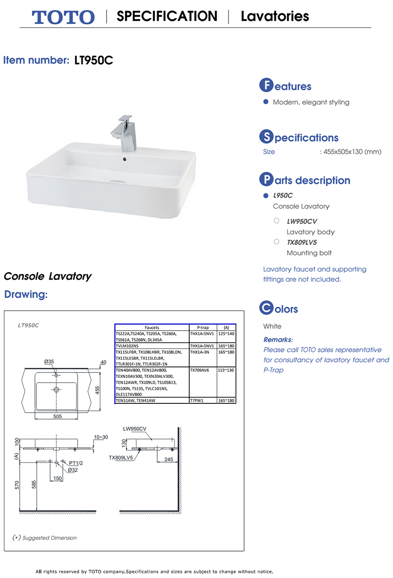 Chậu rửa đặt bàn TOTO LT950C bản vẽ kỹ thuật