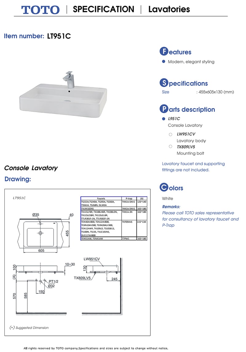 Chậu rửa đặt bàn TOTO LT951C bản vẽ kỹ thuật