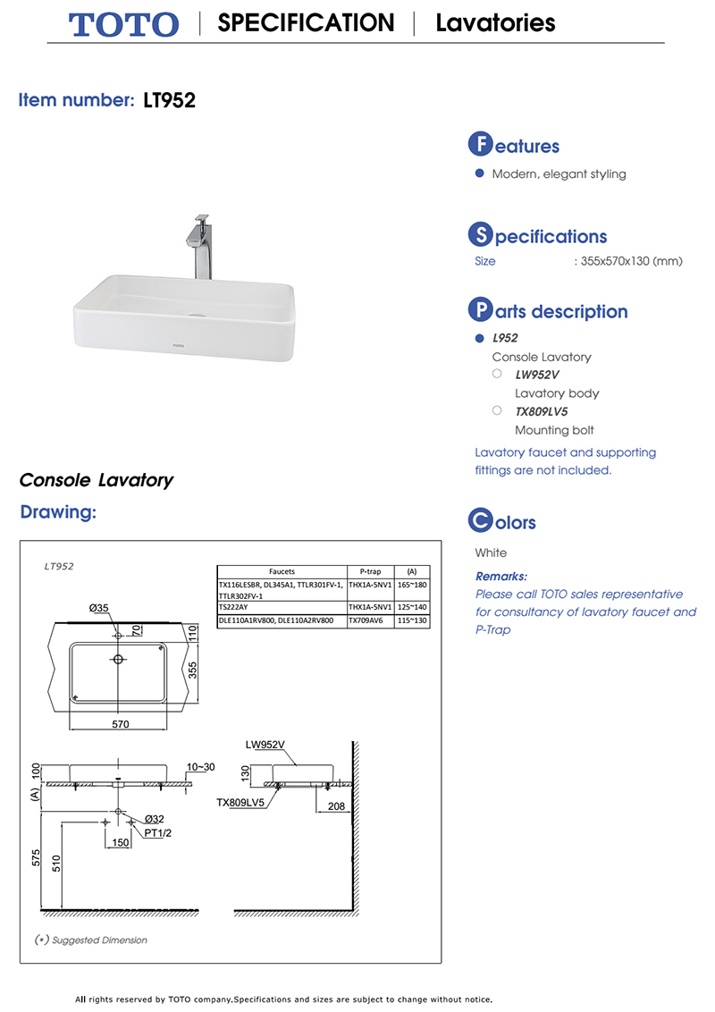 Chậu rửa đặt bàn TOTO LT952 bản vẽ kỹ thuật