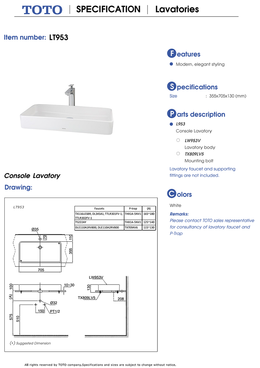 Chậu rửa đặt bàn TOTO LT953 bản vẽ kỹ thuật